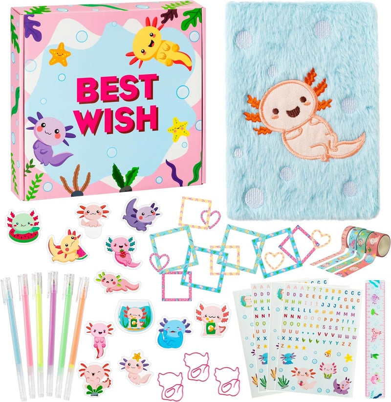 CY2SIDE 44PCS Axolotl DIY Journal Kit Set for Kids Axolotl Plush Scrapbook Diary Journaling Stationery Set for Writing Make Your Own Scrapbook with Crafts Idea Birthday Gifts for Teen Girls DIY Gifts - Image 1